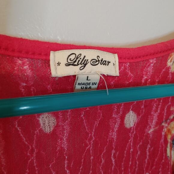 Lily Star Size Juniors Large REd Stretchy Sheer Floral Tank Top Polka Dot Summer - Picture 5 of 8